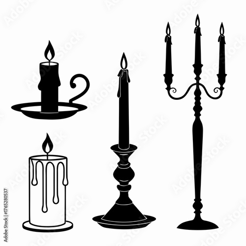 Black silhouette candles and candelabra on white background