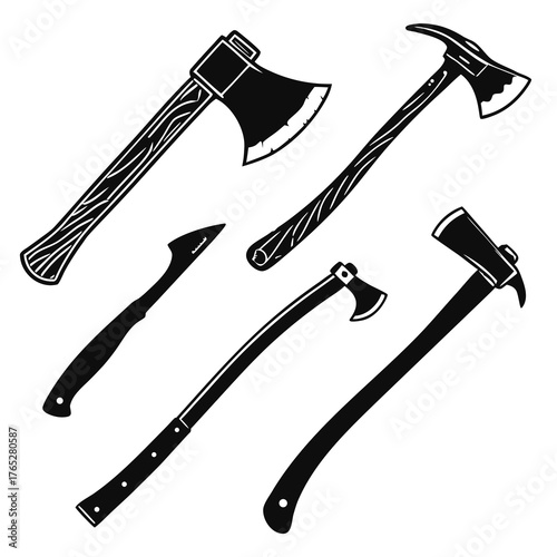 Black silhouette collection of axes and hatchet tool