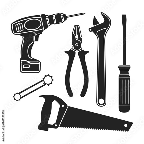 Black silhouette collection of hand tools and power drill