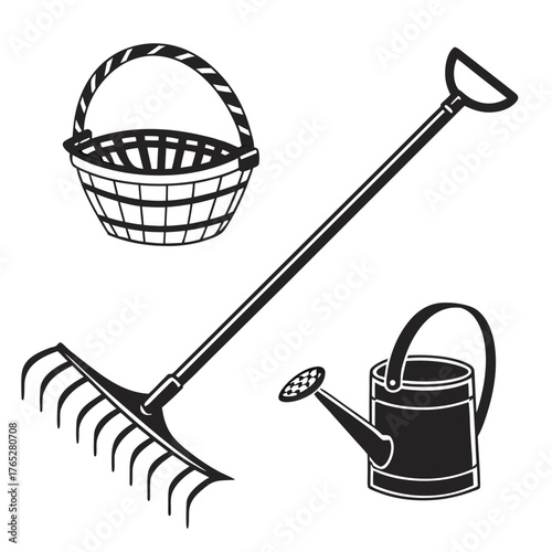 Black silhouette garden tools and basket gardening