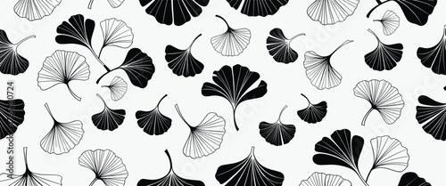 Black and White Ginkgo Biloba Leaf Pattern on a White Background Keywords: ginkgo biloba, leaf, pattern, seamless, background, texture, black and