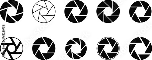 Collection of different aperture diaphragm icons isolated on white background