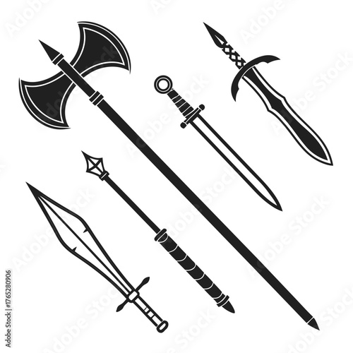Black silhouette medieval weapons on white background