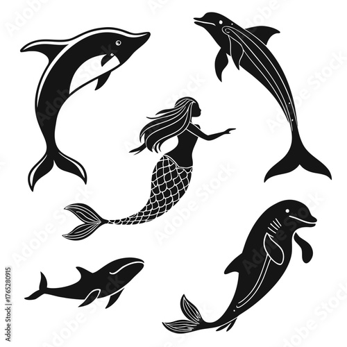 Black silhouette mermaid and dolphins swimming white
