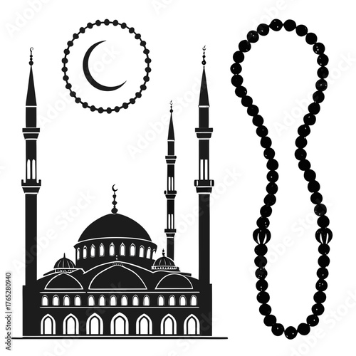 Black silhouette mosque crescent moon and prayer beads