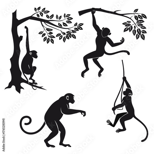 Canvas Print Black silhouette monkeys swinging and climbing on tree branches