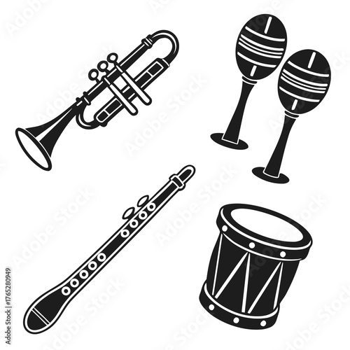 Black silhouette musical instruments trumpet clarinet maracas drum