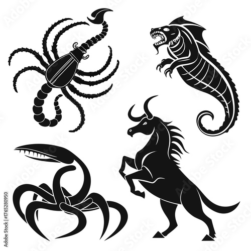 Black silhouette mythical creatures and animals scorpion