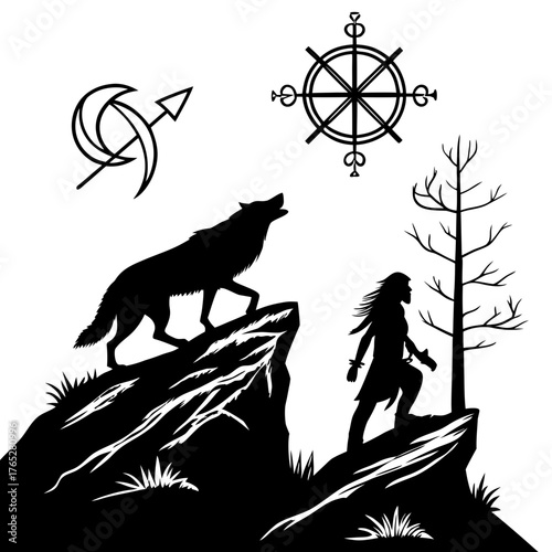 Black silhouette of a howling wolf on a rocky cliff next to a person and a bare tree