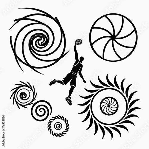 Black silhouette of basketball player dunking surrounded by abstract spiral shapes
