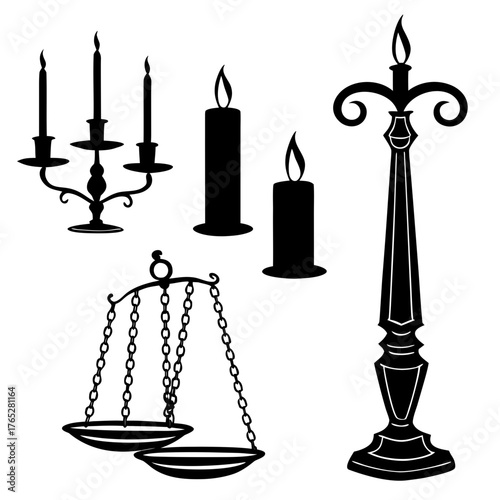 Black silhouette of candelabra scales and candles balance