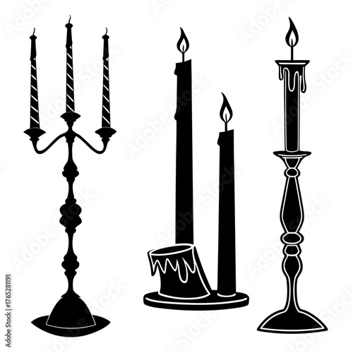 Black silhouette of candelabra and candles on white background