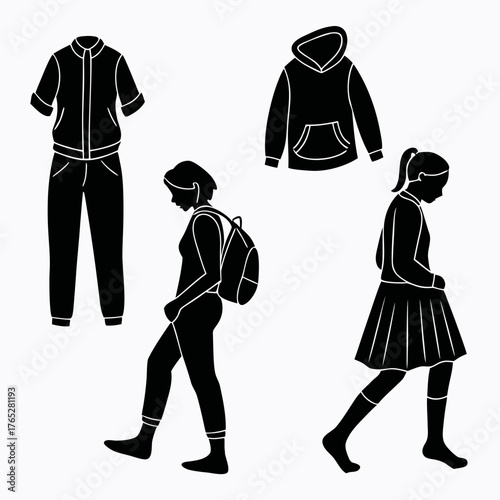 Black silhouette of clothing and children walking black and white