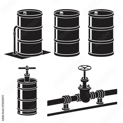 Black silhouette of oil barrels and pipeline with valve