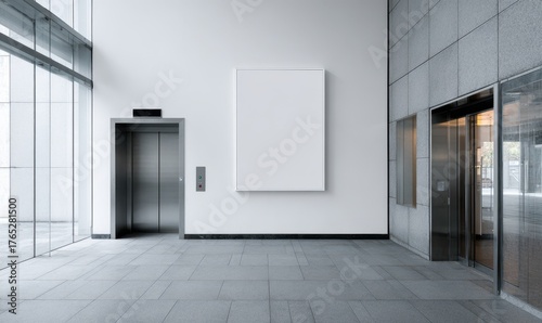 Vibrant photo of modern building interior with elevators and blank billboard space