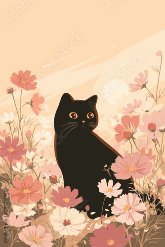 Black Cat Sitting in a Cosmos Flower Field, Warm Pastel Autumn Illustration