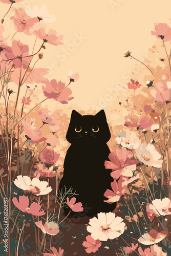 Black Cat Sitting in a Cosmos Flower Field, Warm Pastel Autumn Illustration