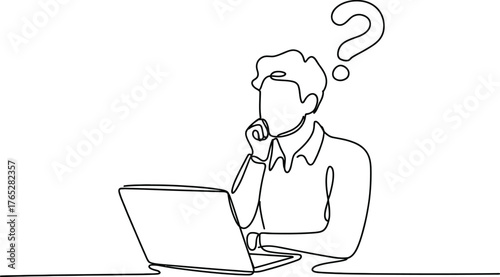 Man in front of laptop with question mark isolated on white background is thinking hard