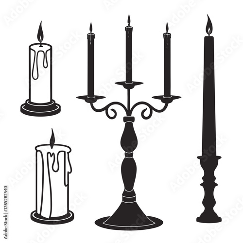 Black silhouette set of candles and candelabra candlestick