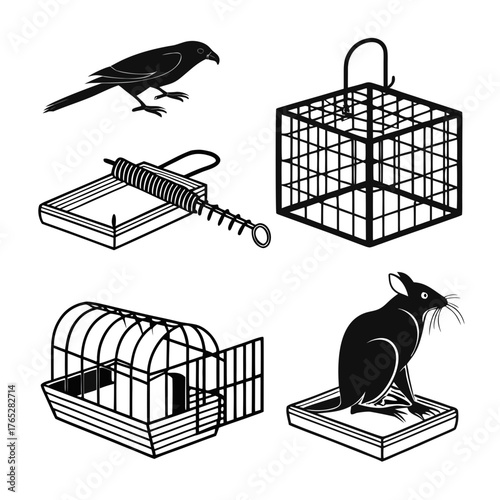 Black silhouettes of bird cage mouse trap and rat crow