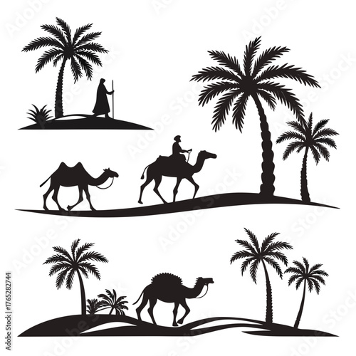 Black silhouettes of camels and palm trees on white background