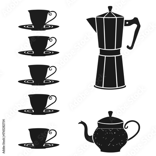 Black silhouettes of coffee cups moka pot and teapot