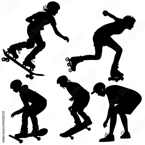 Black silhouettes of children skateboarding and rollerblading