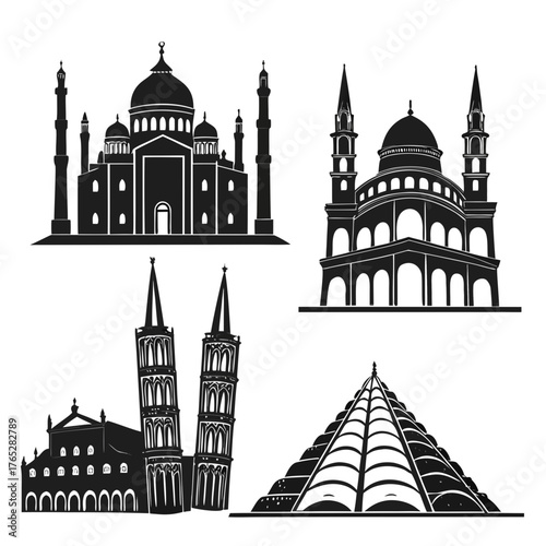 Black silhouettes of famous architectural landmarks