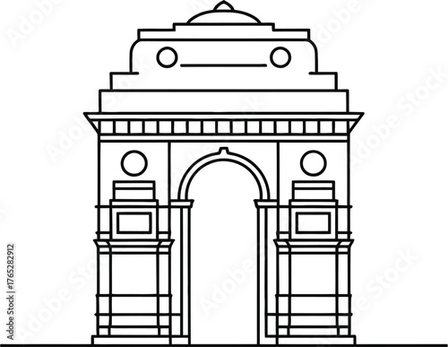 India gate line art illustration, a war memorial located in new delhi, isolated on white background