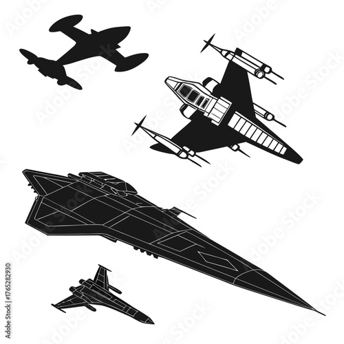 Black silhouettes of science fiction spacecraft and fighter jets