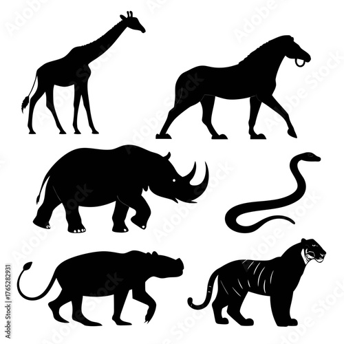 Black silhouettes of safari animals on white background