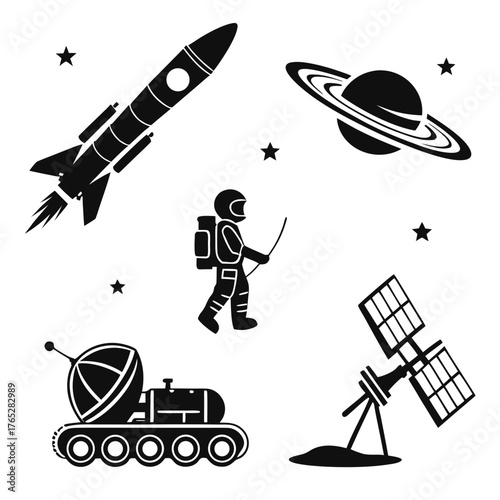 Black space icons astronaut rocket planet rover satellite stars