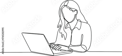 Woman working on laptop isolated on white background, continuous one line drawing vector