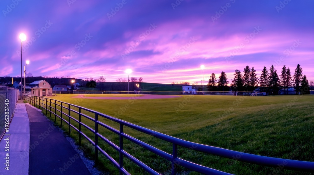 Fototapeta premium Scenic twilight view of a baseball field with vibrant purple skies and distant trees, evoking tranquility