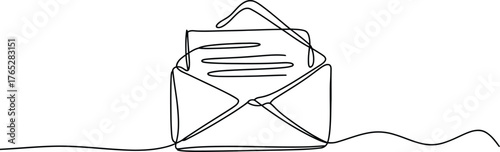 Continuous line drawing of an open envelope with a letter isolated on white background