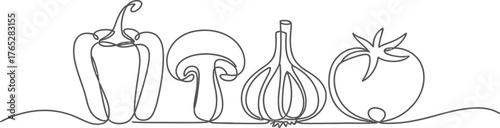 Continuous line drawing of fresh vegetables isolated on white background healthy food