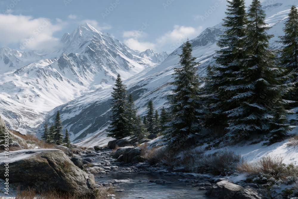 Fototapeta premium Mountain stream flows through snowy landscape with tall pine trees