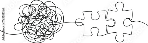 Tangled line leading to a solution represented by two puzzle pieces isolated on white background