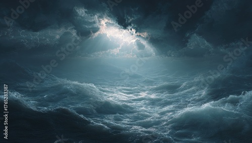 Stormy ocean under a dramatic sky with sun rays piercing