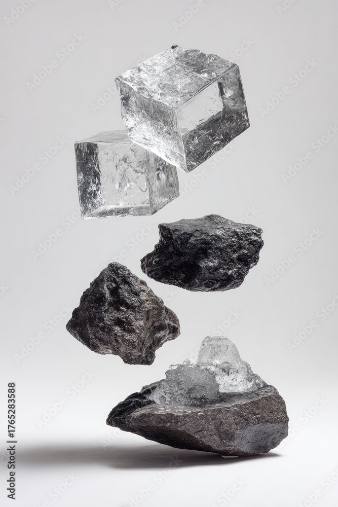 Naklejka premium Floating clear/dark cubes and rocks in a vertical stack