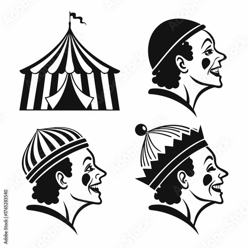 Circus tent and three clown heads in profile black and white