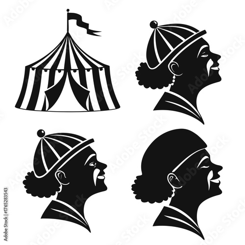 Circus tent and clown profiles black and white graphic