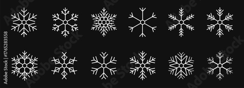Snowflake vector icons for winter and holiday design. Decorative icy crystal shapes for seasonal graphics. Detailed snow symbols for festive creative projects.