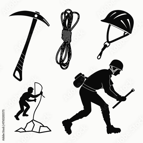 Climbing equipment and silhouettes of climbers mountaineering