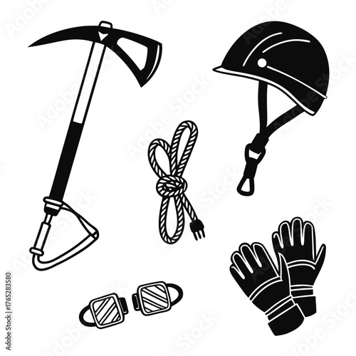 Climbing gear ice axe helmet rope carabiners gloves