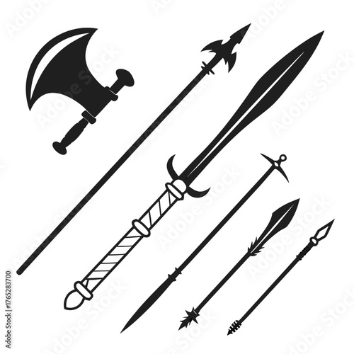 Collection of black medieval weapons silhouettes sword
