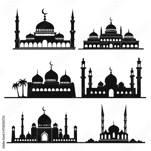 Collection of black mosque silhouettes with domes and minarets