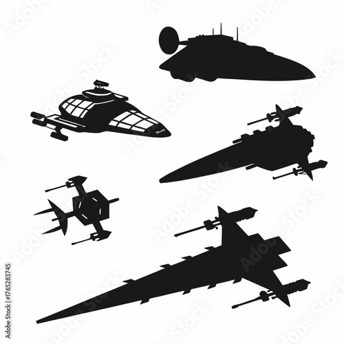 Collection of black spaceship silhouettes on white background