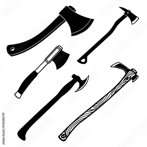 Collection of Black Silhouettes of Various Axes and Tools
