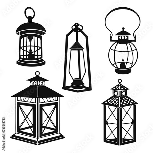 Collection of five black silhouette lanterns lamp light